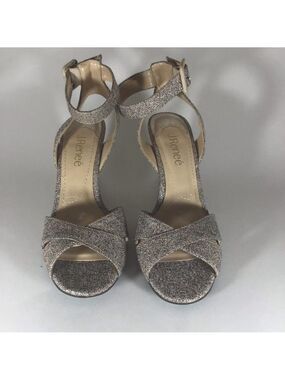 J. Renee Women's Kirkly Glitter and Suede Wedge Heel. Brown & Beige Size 7M